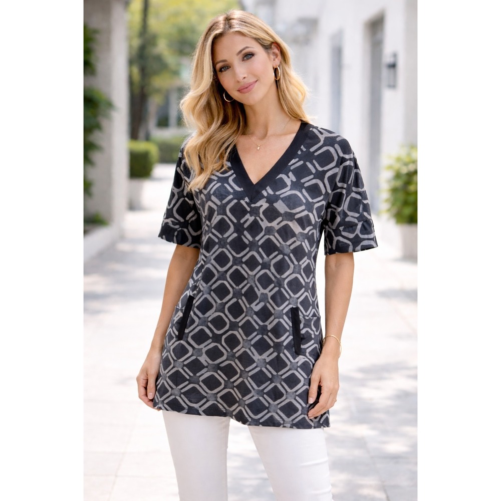 Jenni Kayne Geometric Cotton V Neck Tunic Dress Women Black Gray Pockets